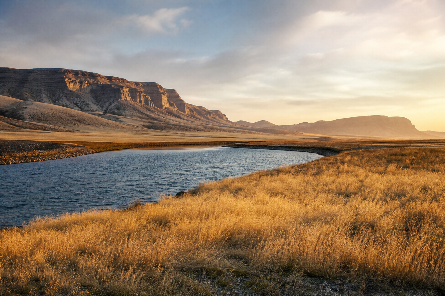 Golden grasses along a curve of the Snake River with canyon bluffs at sunset, illustrative regional scenery